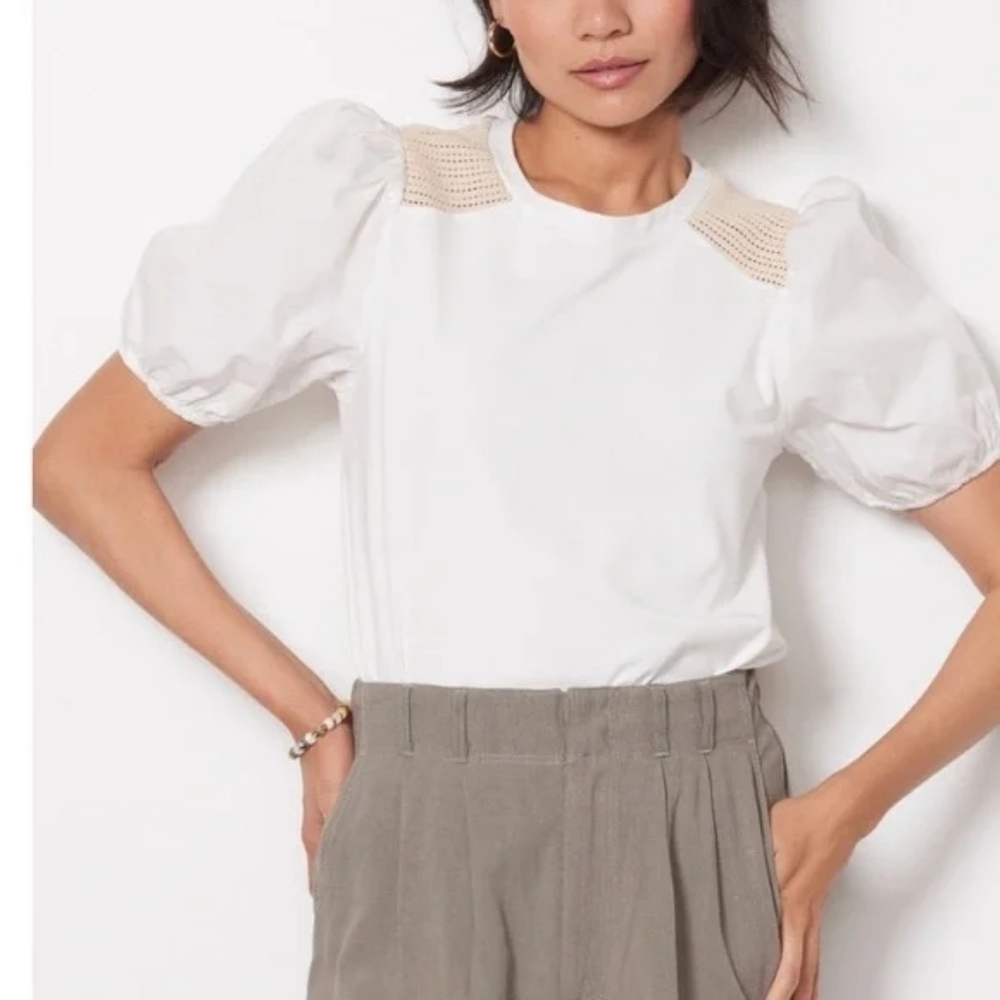 Evereve Jenni Crochet Inset Poplin Puff Sleeve Top